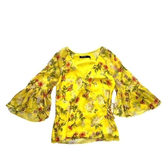 Lauren Ralph Lauren Floral Georgette Chiffon Wrap Bell Sleeve Blouse Size Small - Picture 13 of 17